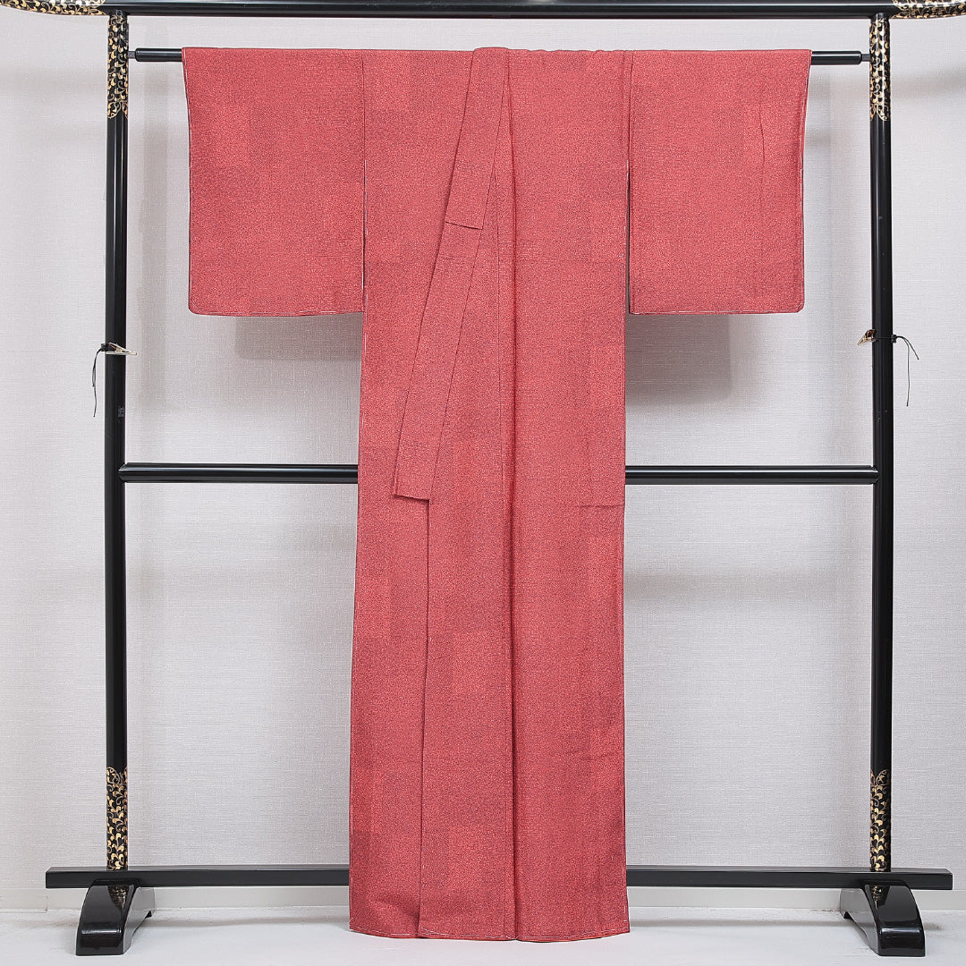 江戸小紋(寄せ柄) 洗える着物 袷 身丈160cm 裄丈65cm ポリエステル Sランク Lサイズ バチ衿 インフォーマル 落款 赤系 1262-16222