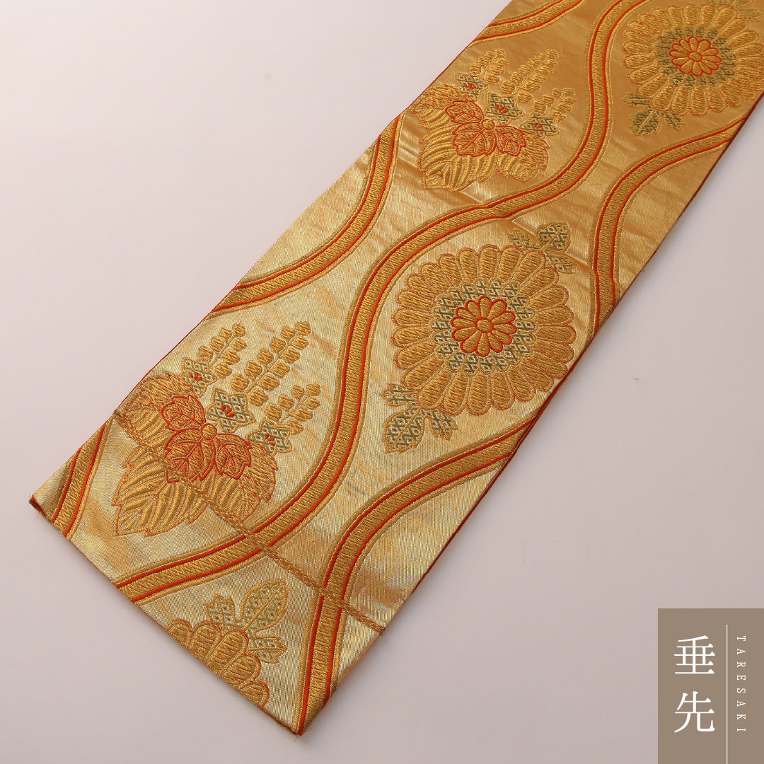 袋帯 帯丈412cm 正絹 六通 フォーマル 立涌 桐 吉祥文様 金系 朱系 1243-01908