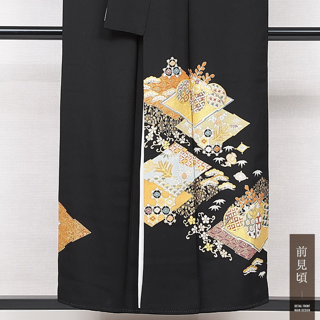黒留袖 袷 身丈152cm 裄丈64cm 五つ紋 蔦 フォーマル Aランク Sサイズ 正絹 比翼仕立て 広衿 七宝 菊 松 落款 1211-F0645