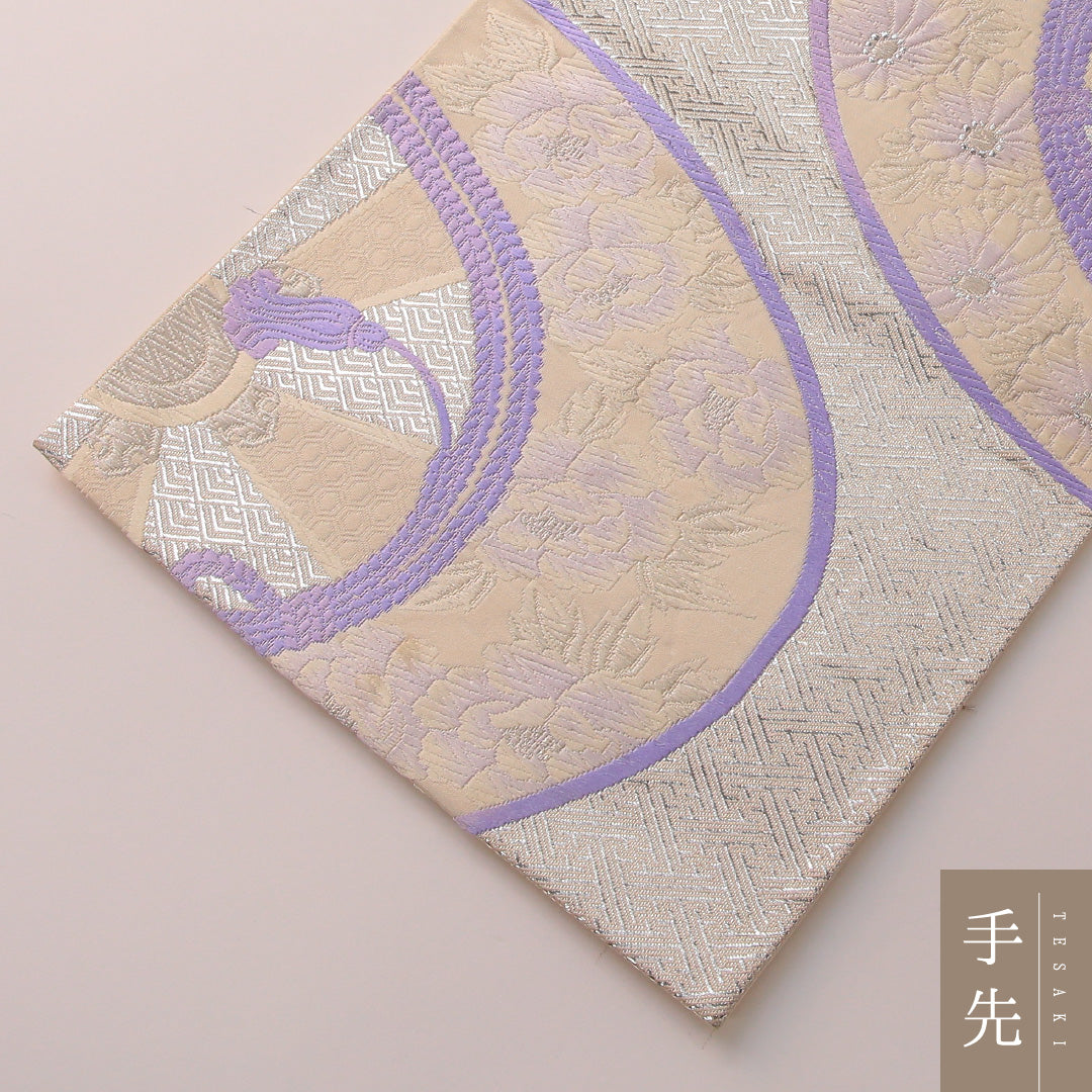 袋帯 帯丈428cm フォーマル 六通 Cランク 正絹 組紐 紗綾型 白系 銀系 1223-01901