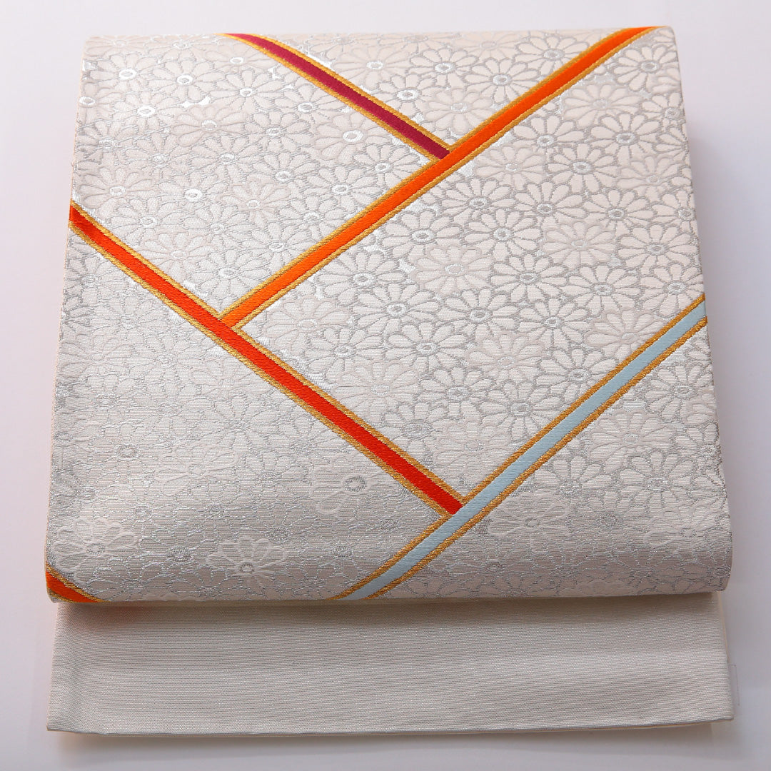 袋帯 帯丈450cm フォーマル 六通 Sランク 正絹 菊 銀系 1223-01980