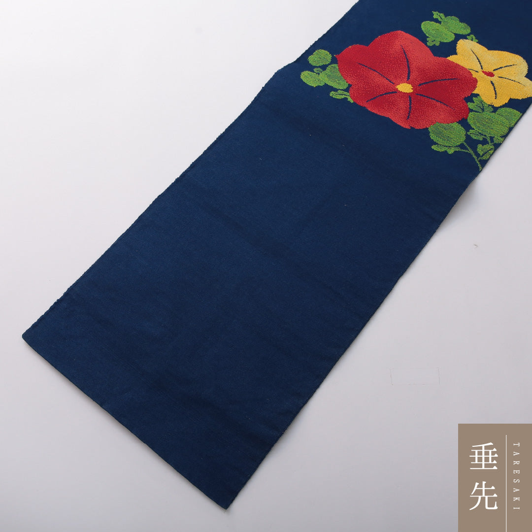 八寸名古屋帯 Aランク 帯丈337cm 正絹 ポイント柄 名古屋仕立て 織り カジュアル 紬 朝顔 青系 RP 1245-03407