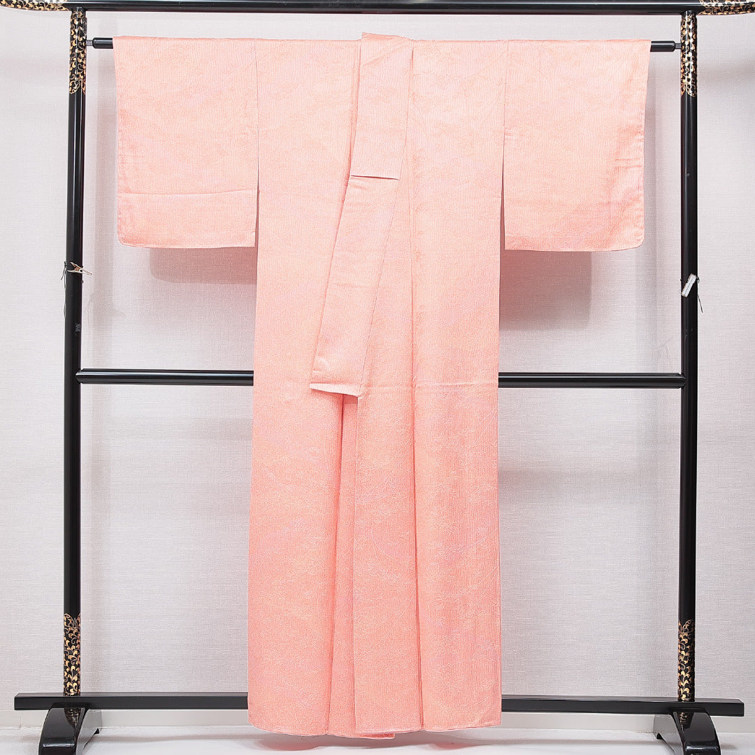 小紋 袷 身丈157cm 裄丈63cm 正絹 Sランク インフォーマル 広衿 Mサイズ 笹 朱系 RP 1221-15580