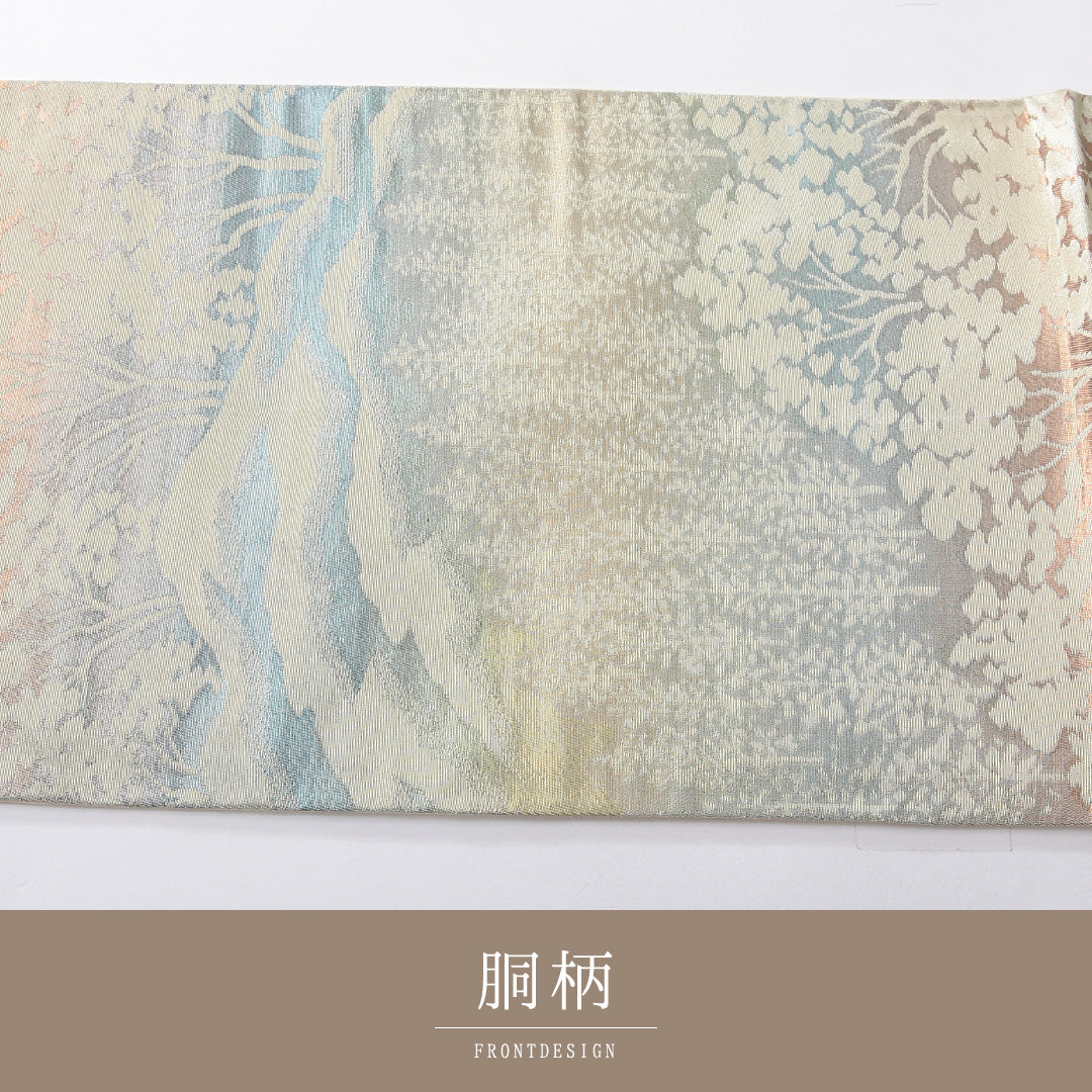 袋帯 帯丈414cm 正絹 六通 セミフォーマル 木立 クリーム系 1243-02172