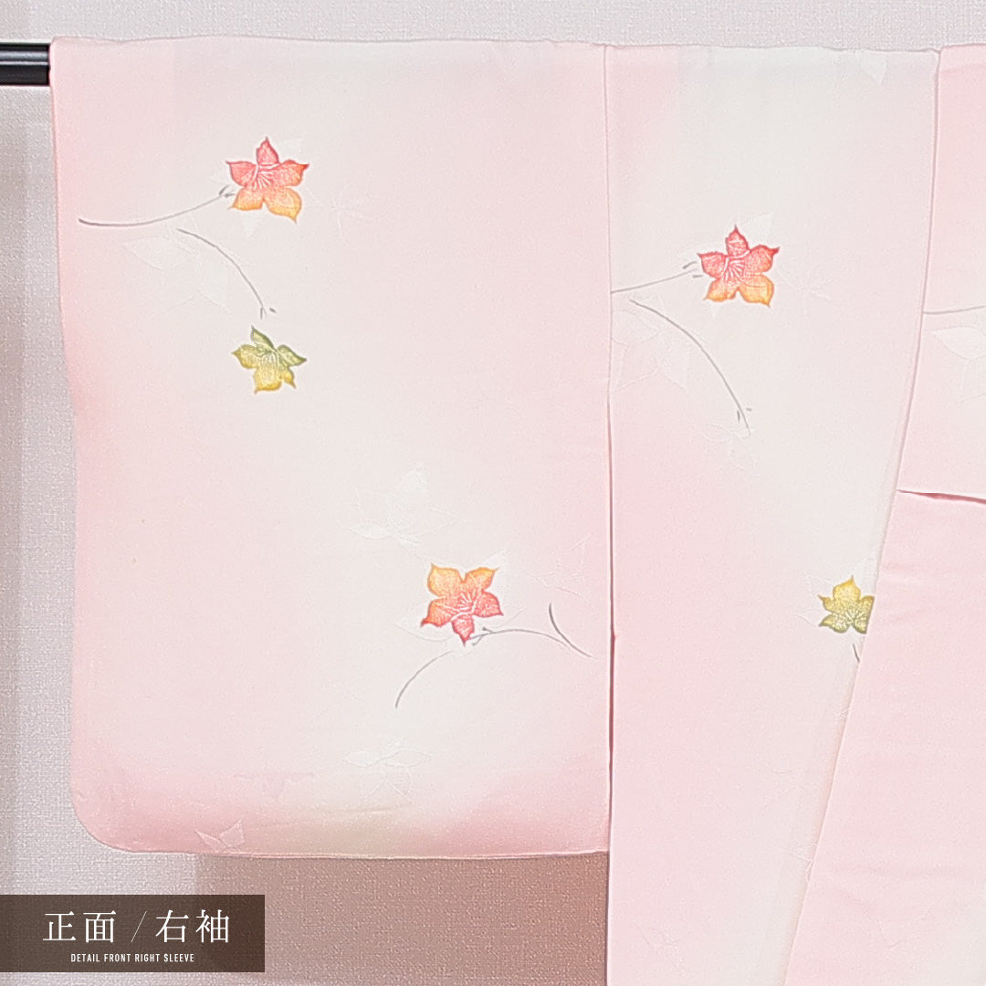 小紋 袷 身丈156cm 裄丈62cm 正絹 Cランク インフォーマル 広衿 Mサイズ 紅葉 ピンク系 HP 1221-15730