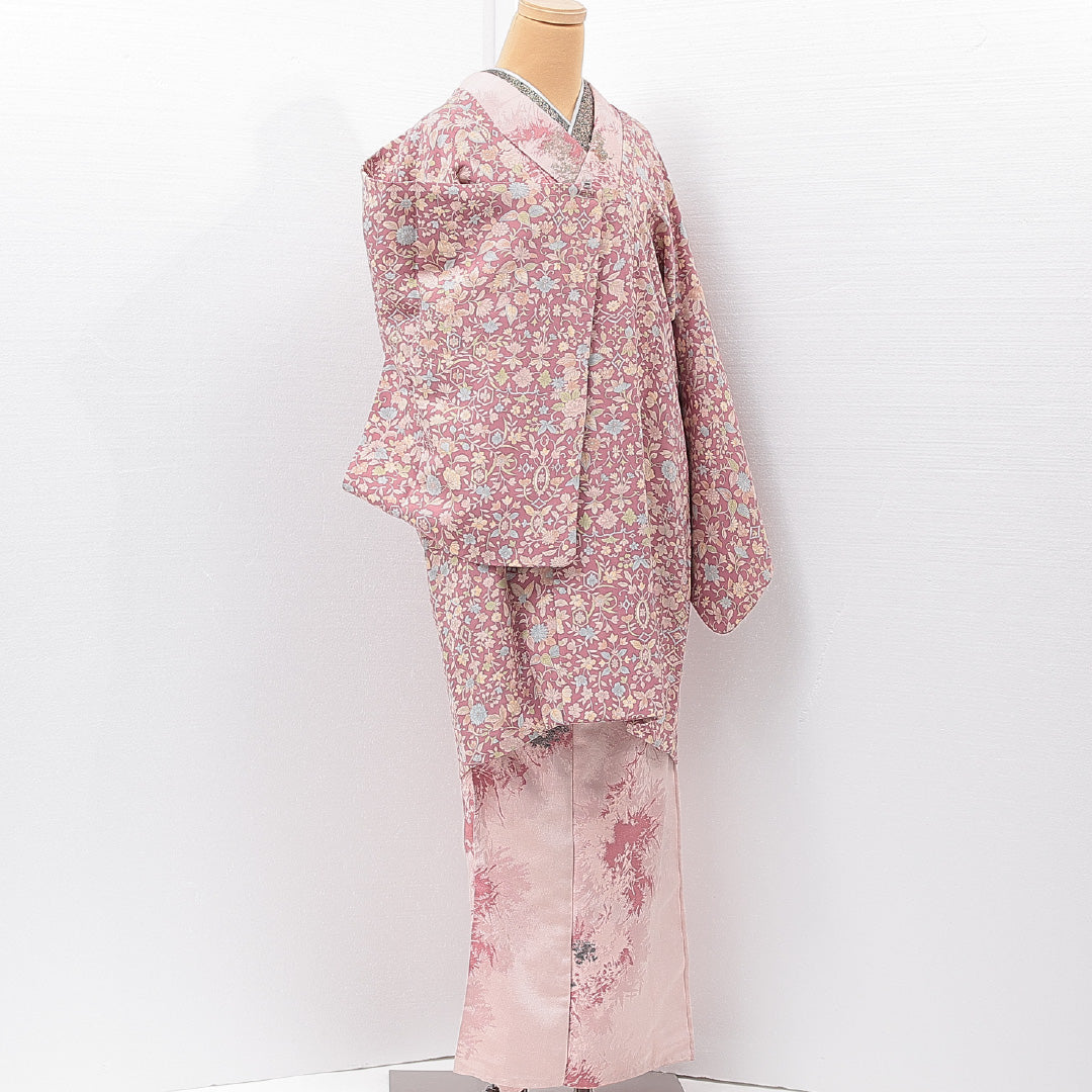 道行コート 袷 身丈94cm 裄丈67cm 正絹 Sランク セミフォーマル Mサイズ ポケットあり 花柄 紫系 RP 1237-15274