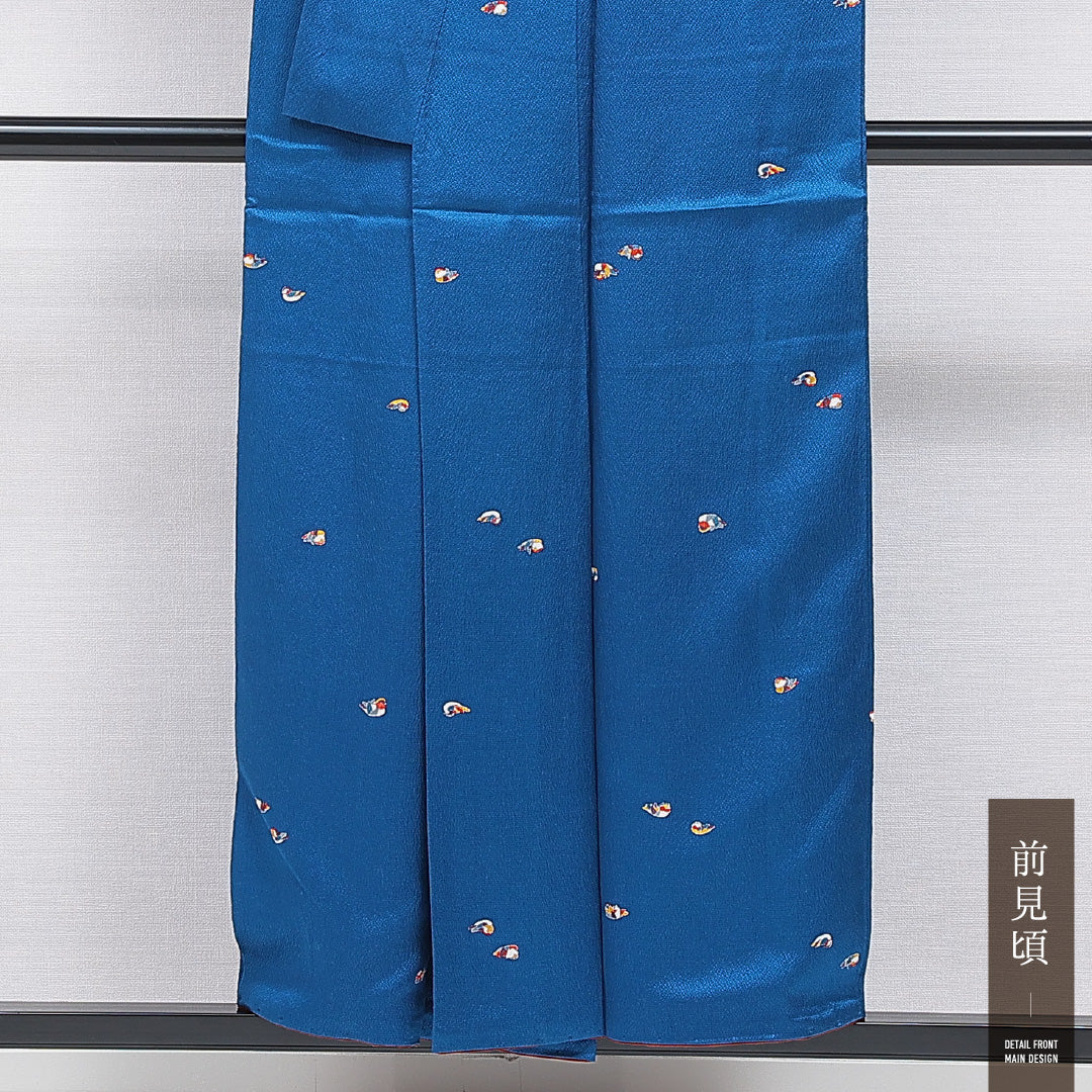 小紋 袷 身丈152cm 裄丈60cm 正絹 Sランク Sサイズ 広衿 インフォーマル 鴛鴦 青系 1215-15903