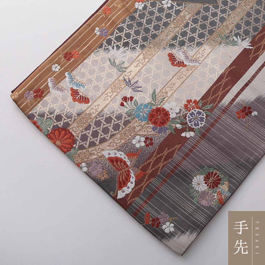 振袖用 袋帯 帯丈436cm 正絹 六通 蝶 光悦垣 吉祥文様 多色系 1243-02114