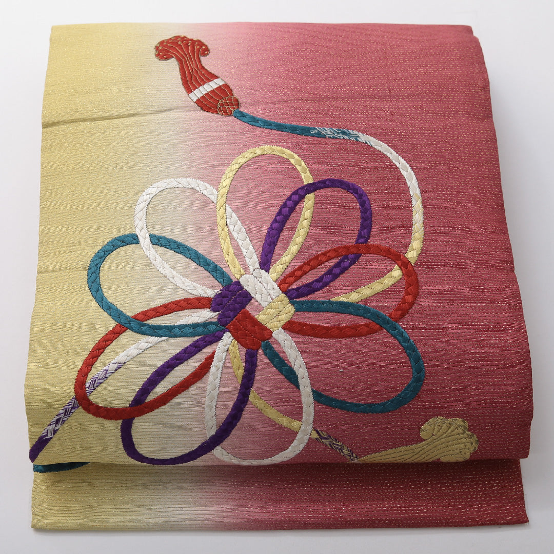 アンティーク 九寸名古屋帯 帯丈363cm 名古屋仕立て ポイント柄 Aランク 正絹 銀駒刺繍 組紐 ピンク系 黄系 1224-03710