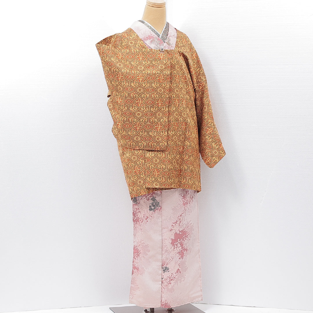 道行コート 袷 身丈86cm 裄丈46cm 正絹 Aランク Sサイズ フォーマル ポケットあり 菊 黄系 朱系 1263-15126