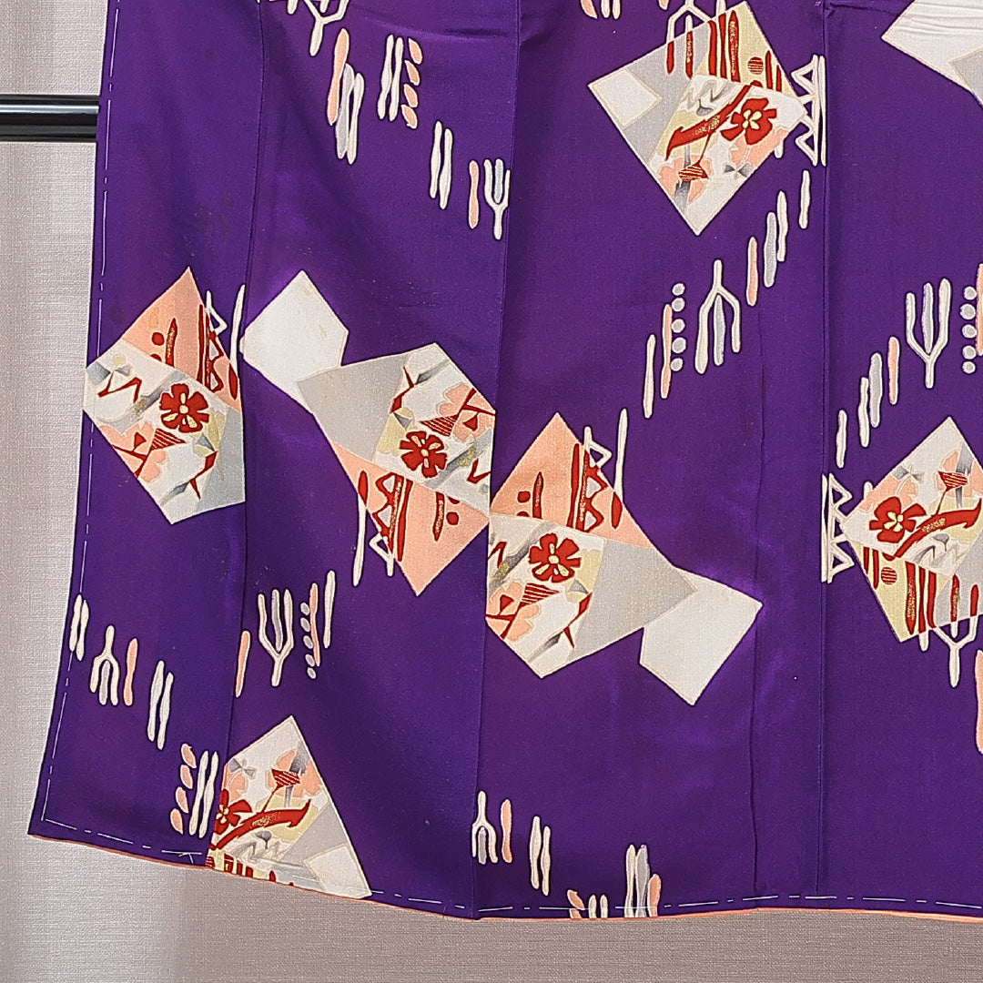 アンティーク 小紋 袷 身丈145cm 裄丈64cm 正絹 Bランク XSサイズ 広衿 創作柄 金彩 紫系 1215-15606