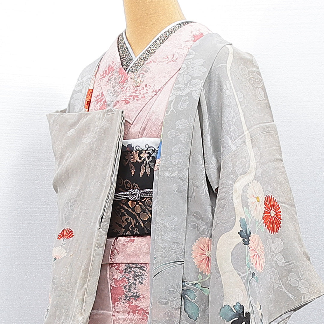 アンティーク 羽織 袷 身丈84cm 裄丈65cm 正絹 Cランク Mサイズ 菊 グレー系 1217-16806