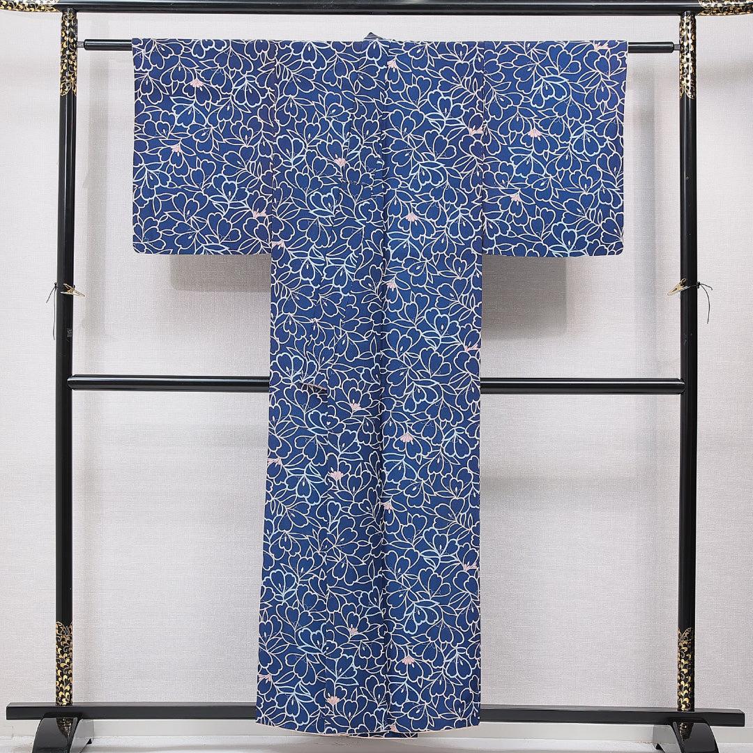 小紋 袷 身丈155cm 裄丈62cm 正絹 Cランク インフォーマル バチ衿 Mサイズ 花柄 青系 HP 1221-15568