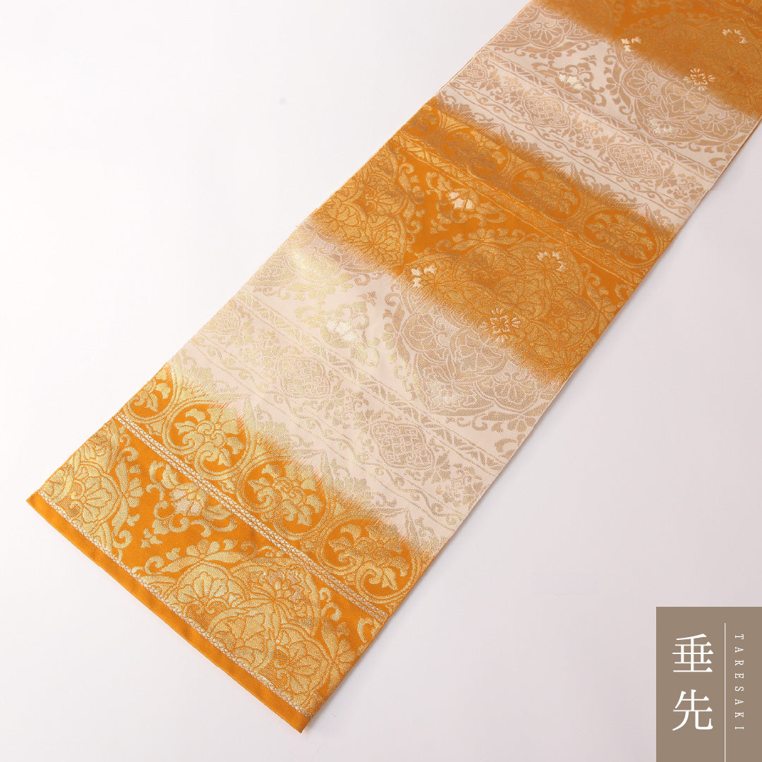 袋帯 帯丈422cm 正絹 六通 セミフォーマル アラベスク段文 クリーム系 黄系 1243-01832