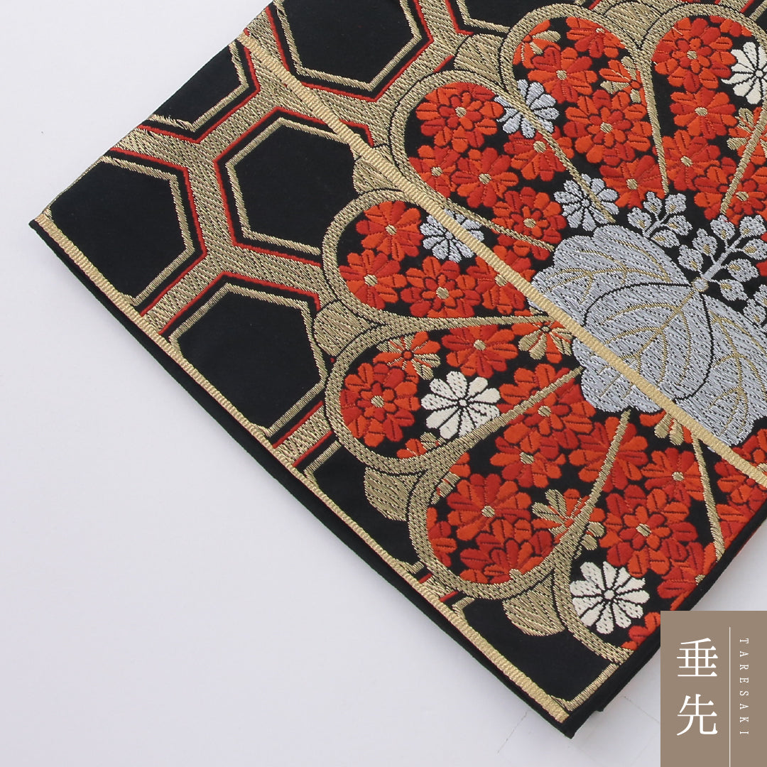 袋帯 帯丈400cm 正絹 六通 未仕立て フォーマル 亀甲 菊 古典柄 桐 黒系 1243-02179