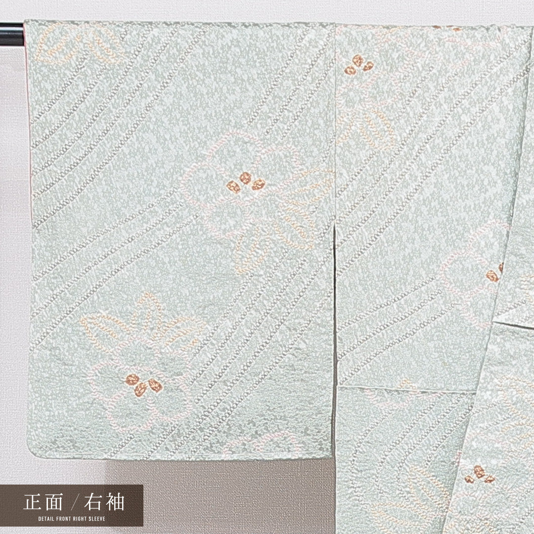 小紋 袷 身丈151cm 裄丈61cm 正絹 Cランク インフォーマル 広衿 Sサイズ 部分絞り 椿 緑系 HP 1221-15588
