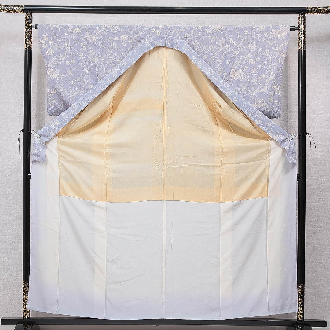 小紋 袷 身丈161cm 裄丈63cm 正絹 Aランク Lサイズ バチ衿 インフォーマル 七宝 梅 水色系 1215-15649