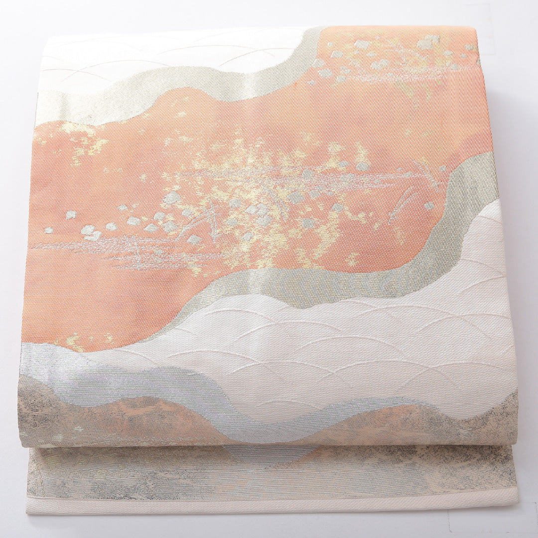 九寸名古屋帯 帯丈354cm セミフォーマル 名古屋仕立て ポイント柄 Sランク 正絹 松葉 創作柄 ベージュ系 ピンク系 1224-03900