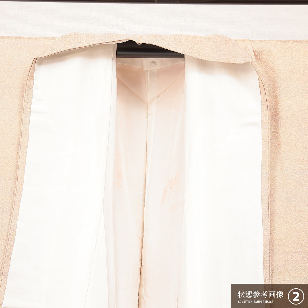 色無地 袷 身丈152cm 裄丈62cm 正絹 Aランク 一つ紋 紋意匠 (菊) セミフォーマル 広衿 Sサイズ 織り出し ガード加工 朱系 RP 1219-16877