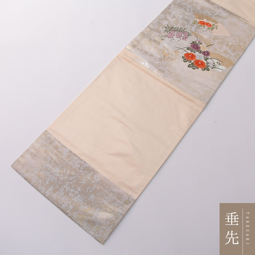 九寸名古屋帯 Sランク 帯丈352cm 正絹 ポイント柄 名古屋仕立て 織り セミフォーマル 花扇 クリーム系 RP 1245-03234