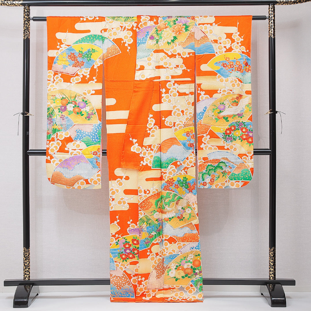 振袖 袷 身丈164cm 裄丈61cm フォーマル Cランク Lサイズ 正絹 広衿 鶴 菊 松 刺繍 金駒刺繍 1213-F0689