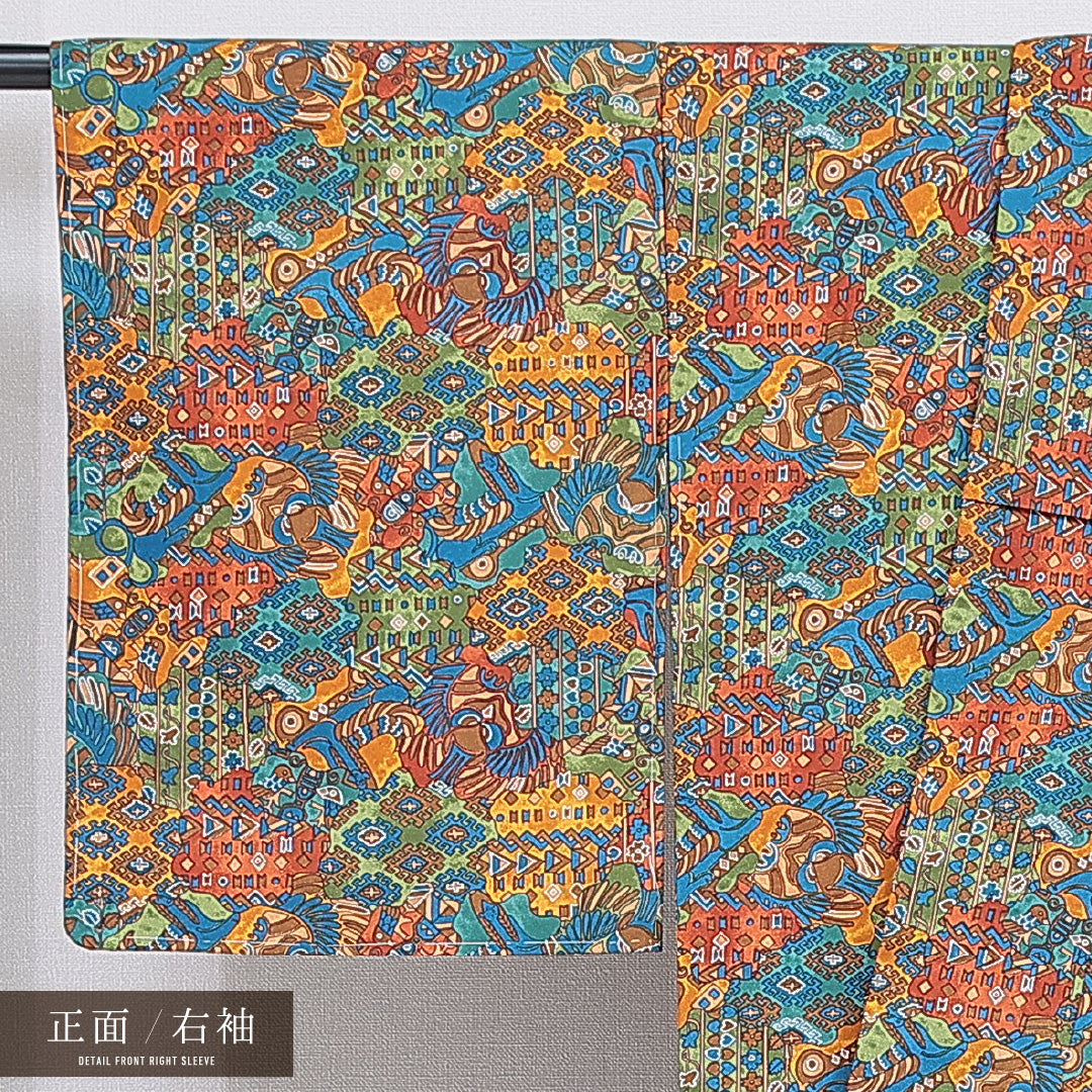 洗える着物 小紋 袷 身丈159cm 裄丈65cm ポリエステル Sランク インフォーマル 広衿 Mサイズ 創作柄 多色系 M4 1221-16361