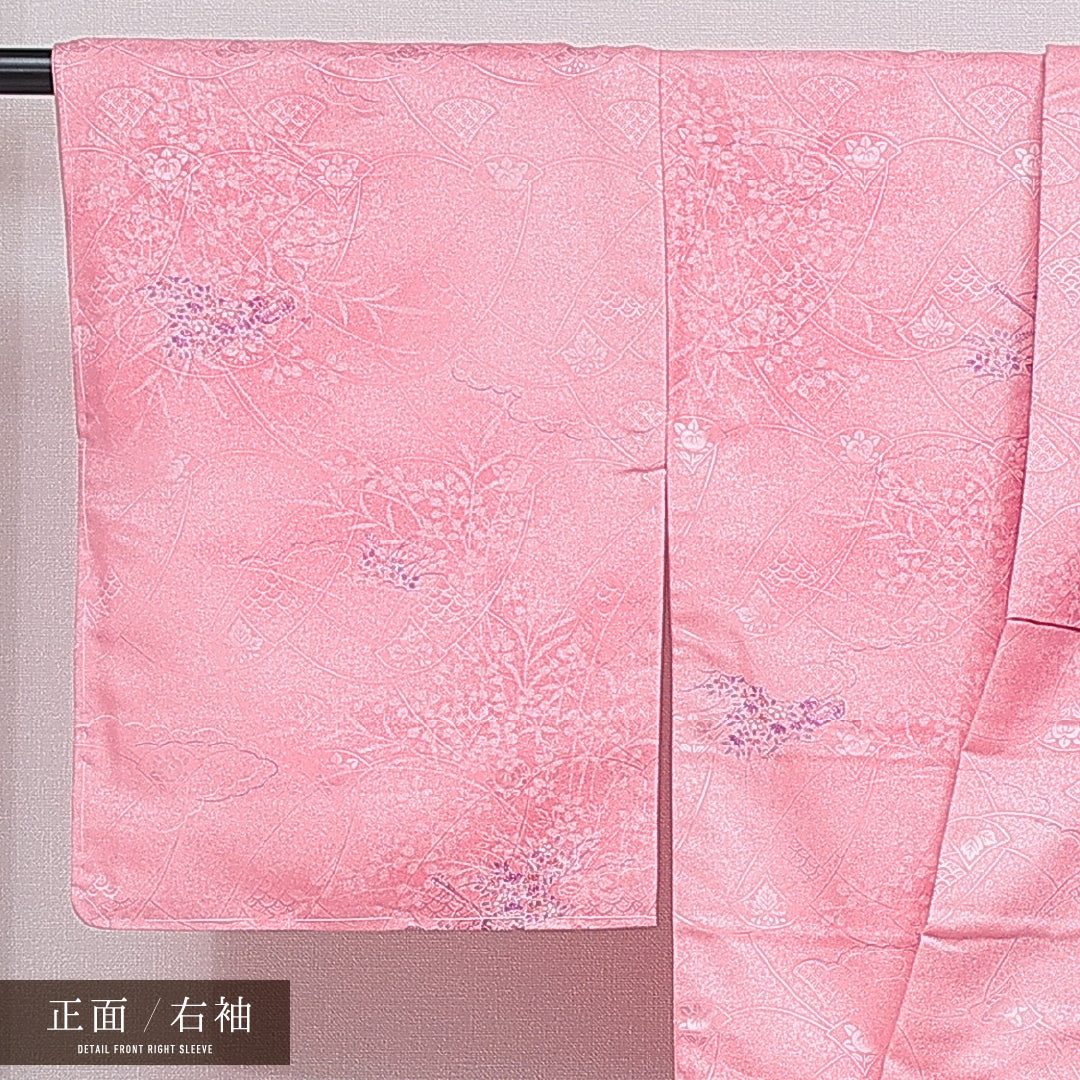 洗える着物 小紋 袷 身丈158cm 裄丈64cm ポリエステル Sランク インフォーマル 広衿 Mサイズ 古典柄 ピンク系 RP 1221-16056