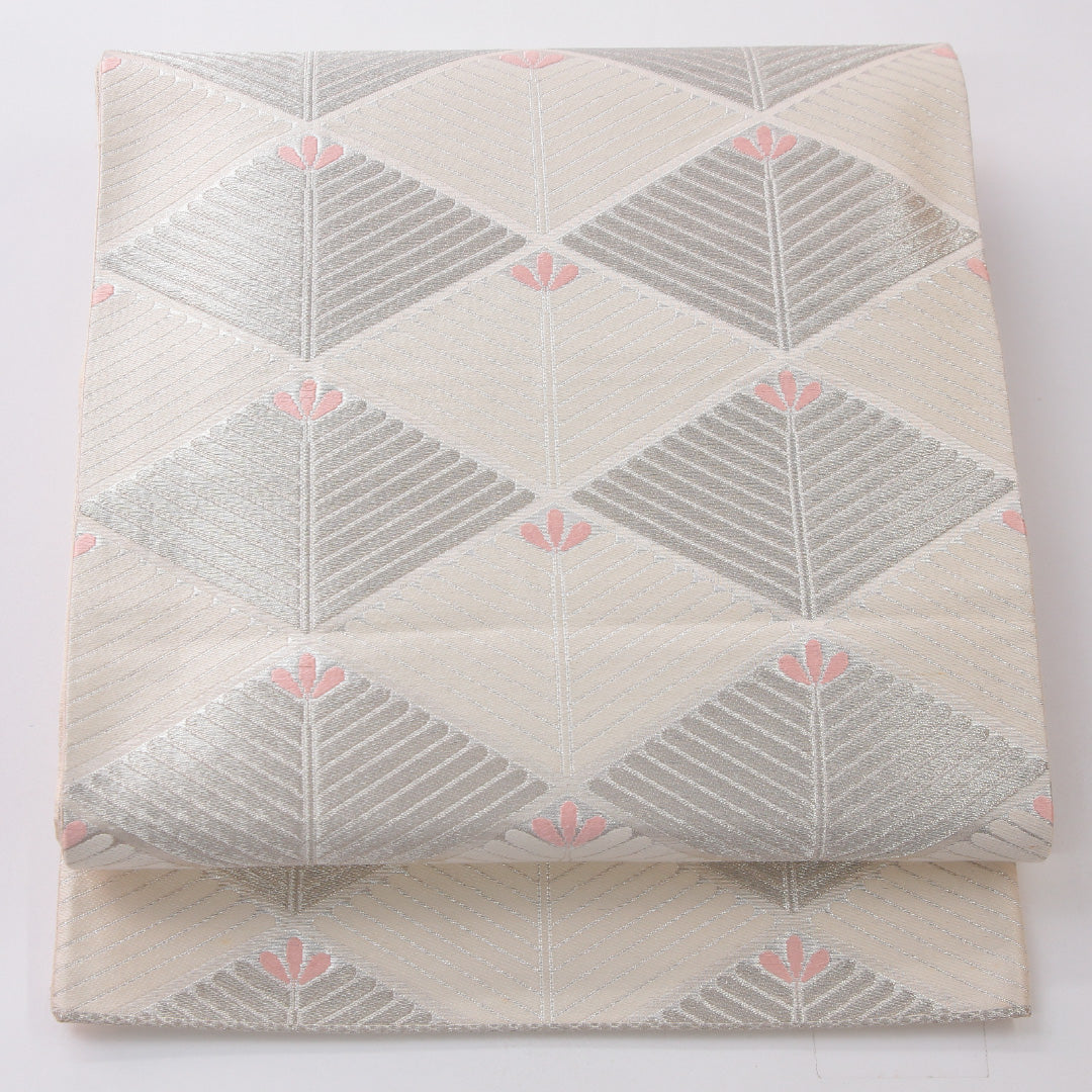 袋帯 帯丈420cm セミフォーマル 六通 帯芯なし Cランク 正絹 菱 クリーム系 1223-02247