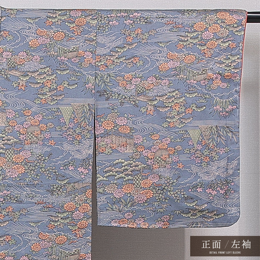 洗える着物 小紋 袷 身丈152cm 裄丈60cm ポリエステル Sランク インフォーマル 広衿 Sサイズ 菊 笹 グレー系 RP 1221-15689