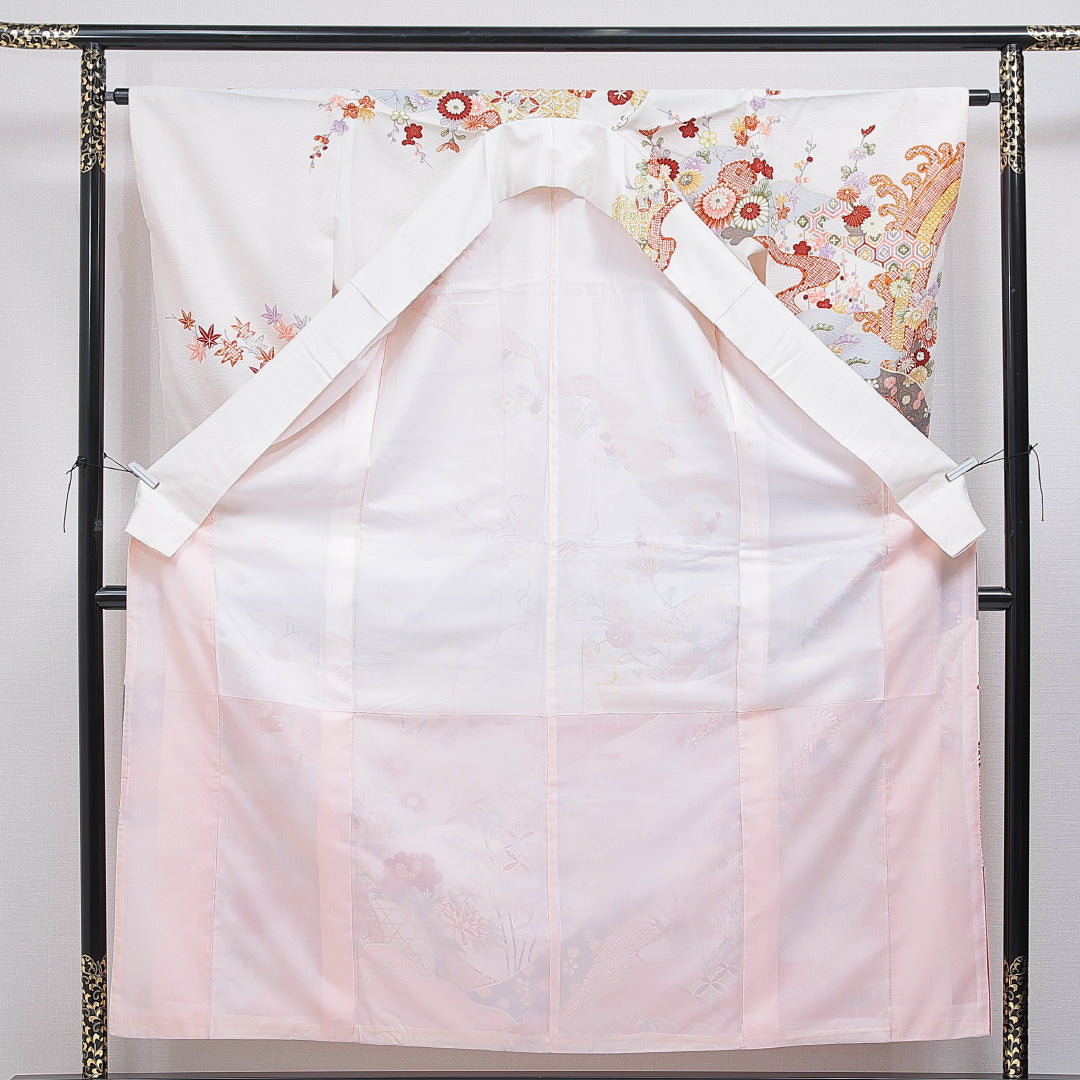 訪問着 洗える着物 袷 身丈158cm 裄丈64cm ポリエステル Aランク Mサイズ 広衿 セミフォーマル 吉祥文様 白系 1212-16264