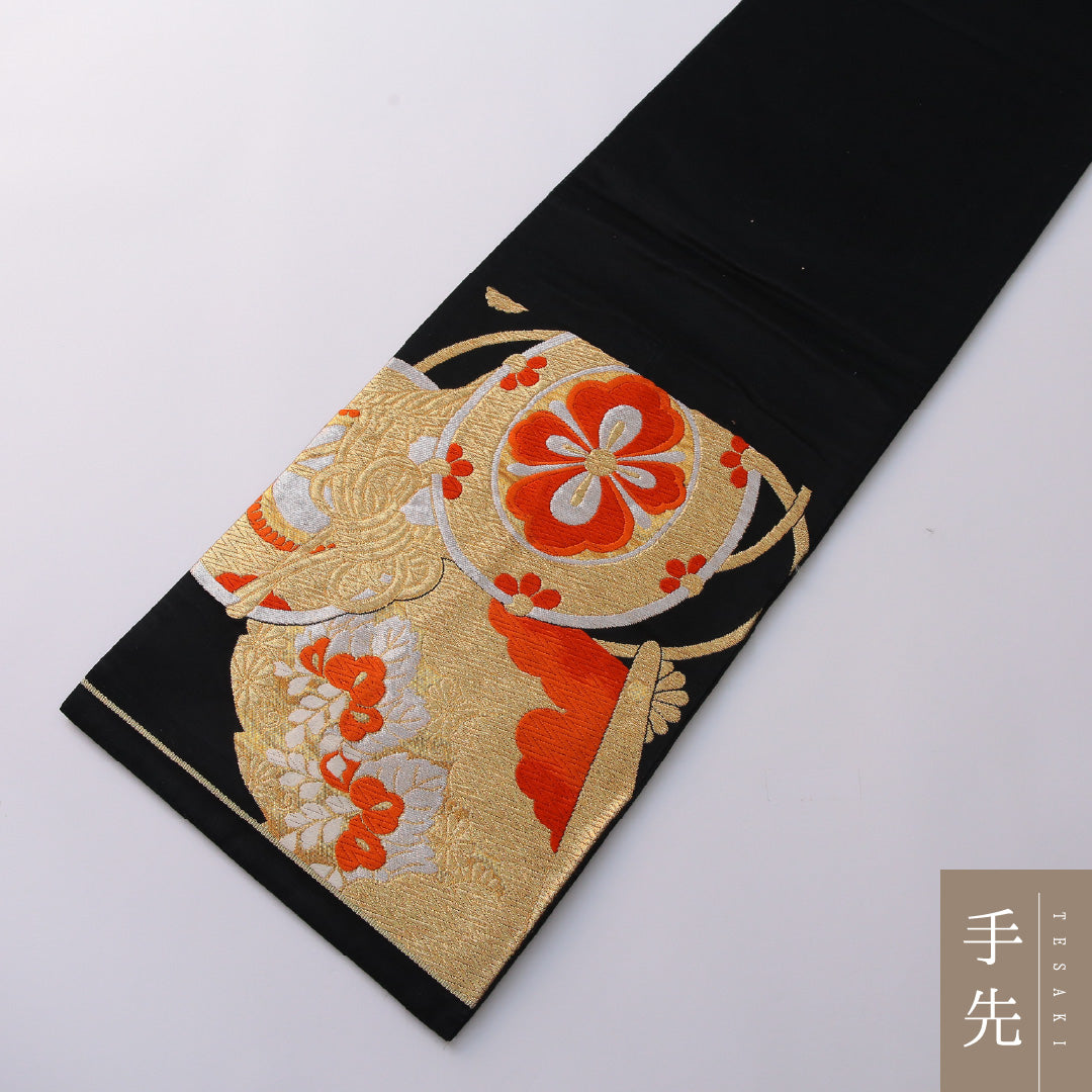 袋帯 帯丈408cm 正絹 六通 フォーマル 鼓 組紐 黒系 金系 1243-01963