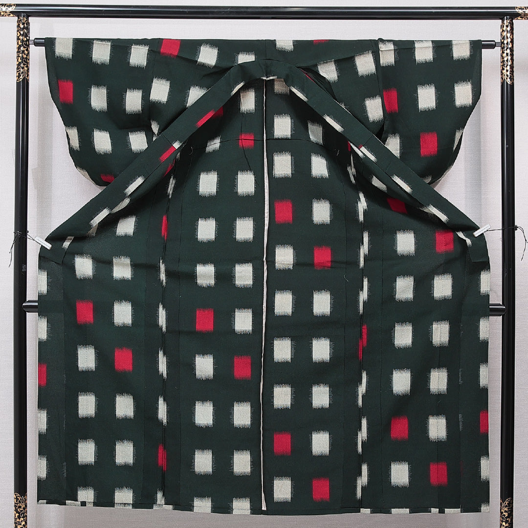 アンティーク お召 単衣 身丈149cm 裄丈61cm 正絹 Cランク XSサイズ バチ衿 肩当て 抽象柄 緑系 1265-15562