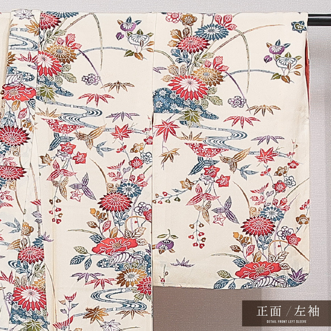 未使用品 小紋 袷 身丈165cm 裄丈64cm 正絹 Nランク インフォーマル バチ衿 XLサイズ 京紅型 流水 四季草花 菊 紅葉 楓 クリーム系 RP 1221-15425