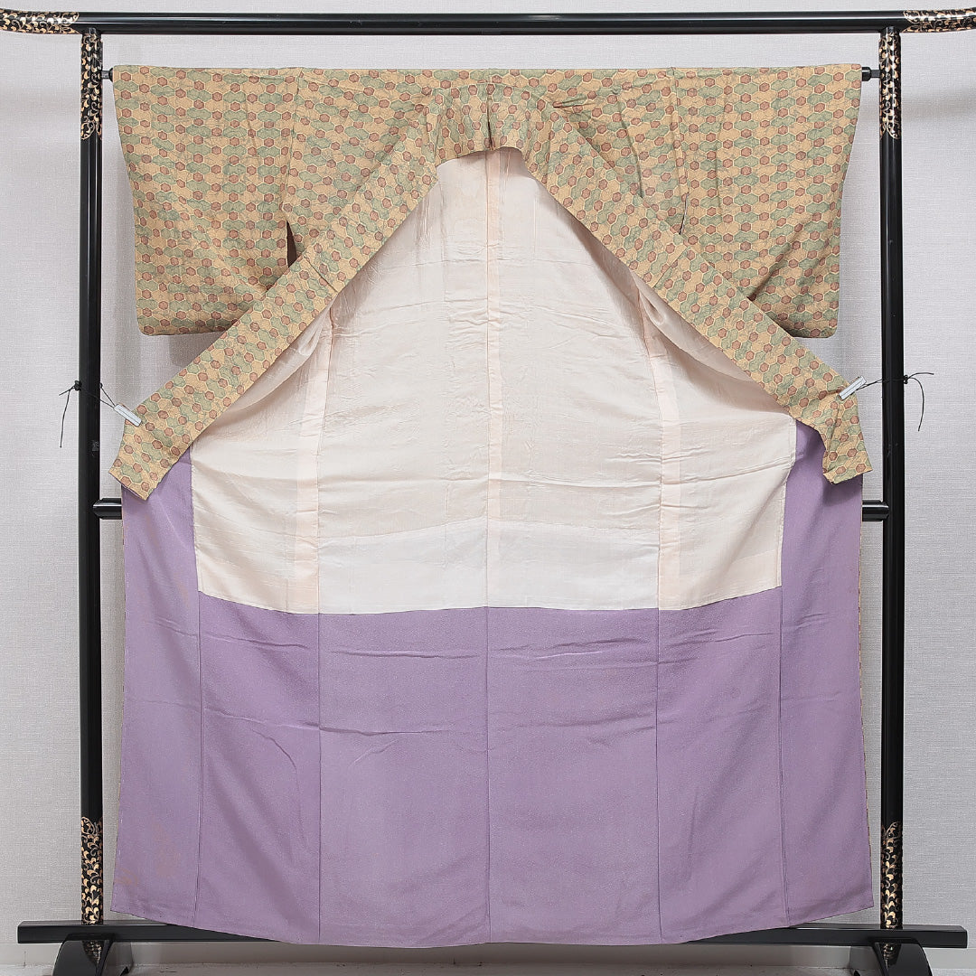 小紋 袷 身丈162cm 裄丈64cm 正絹 Cランク インフォーマル 広衿 Lサイズ 亀甲 クリーム系 LP 1221-15925