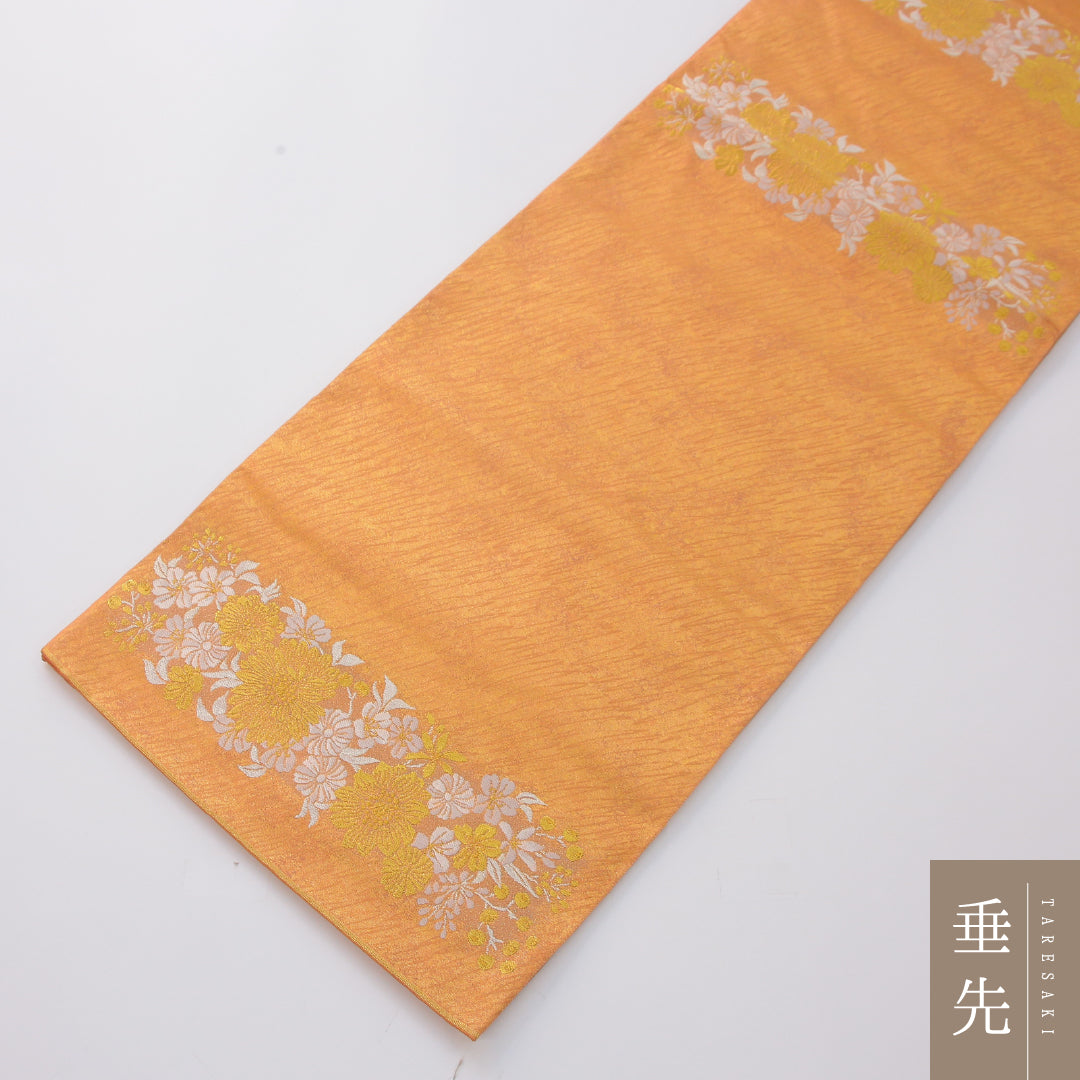 袋帯 帯丈448cm セミフォーマル ポイント柄 Aランク 正絹 菊 金系 朱系 1223-02331