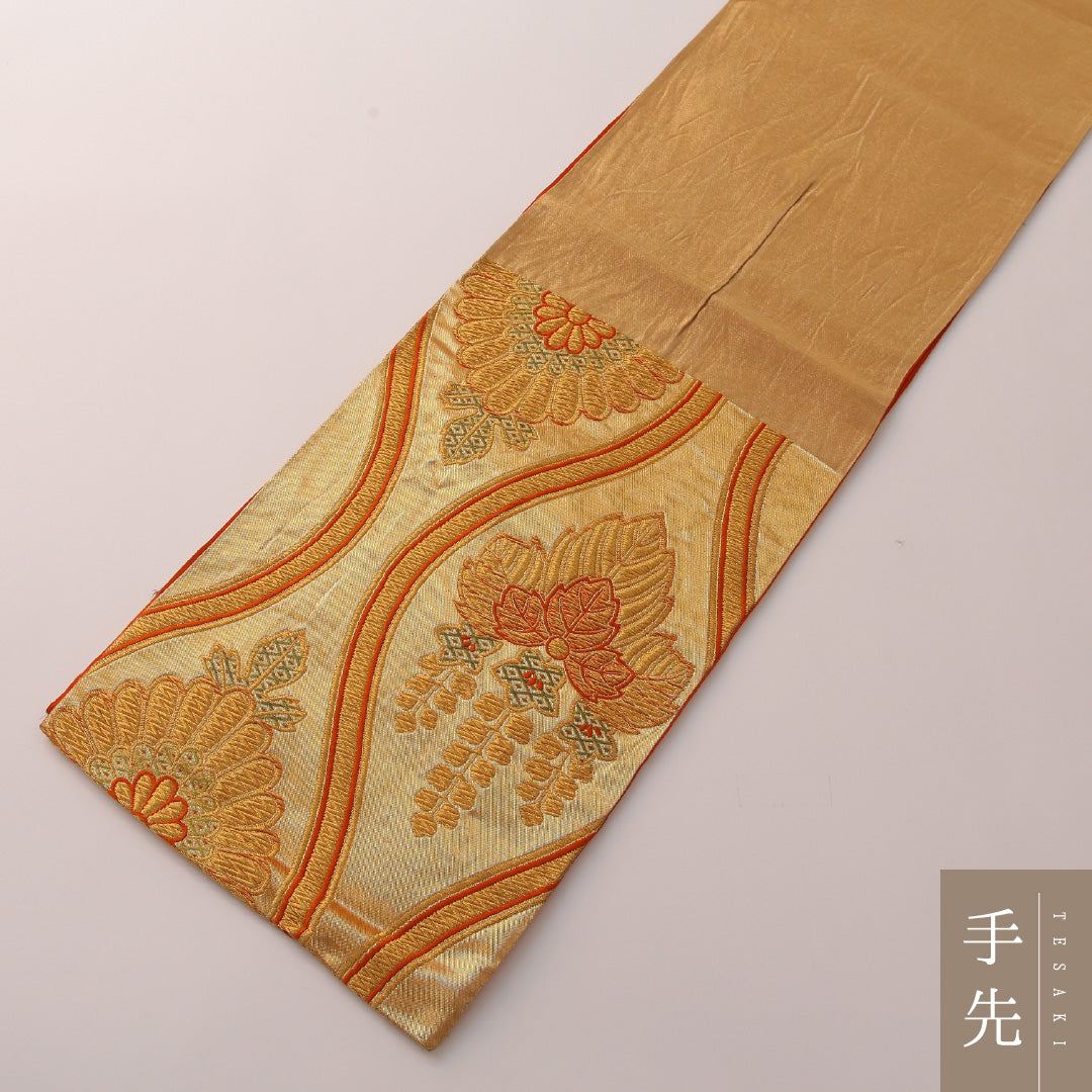 袋帯 帯丈412cm 正絹 六通 フォーマル 立涌 桐 吉祥文様 金系 朱系 1243-01908
