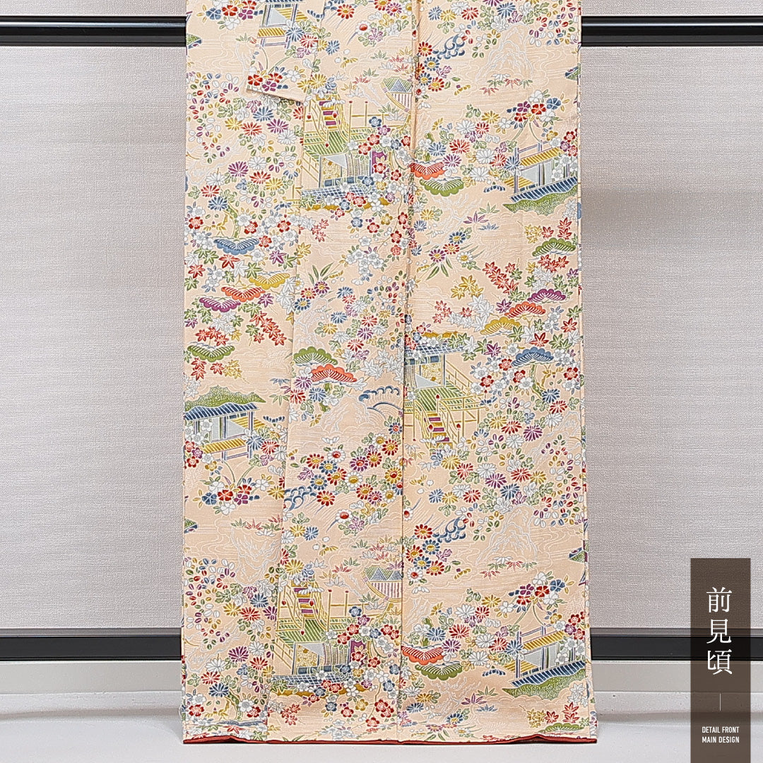 未使用品 小紋 袷 身丈165cm 裄丈64cm 正絹 Nランク インフォーマル バチ衿 XLサイズ 御所解 紅葉 クリーム系 RP 1221-15376
