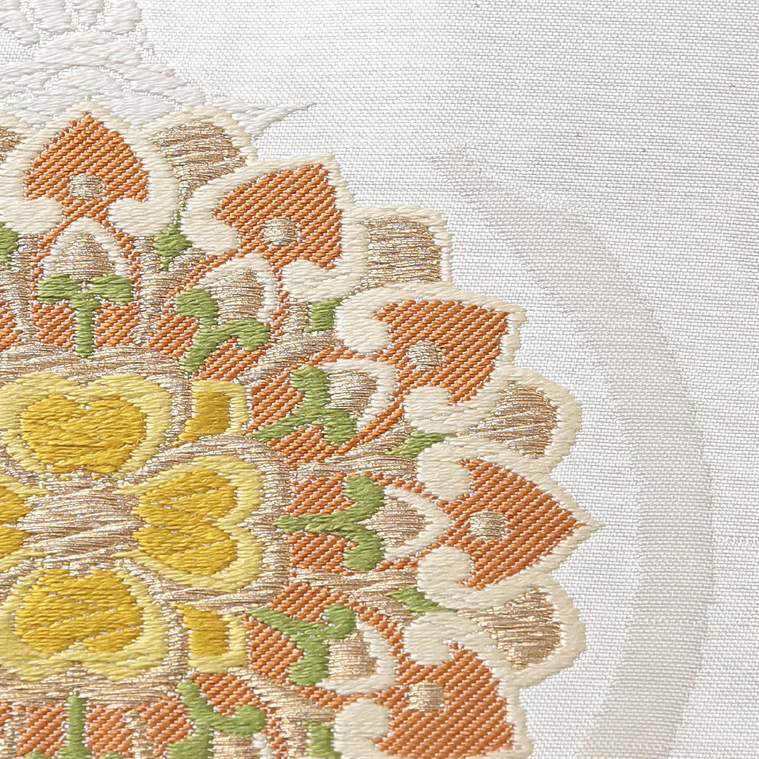 袋帯 帯丈440cm フォーマル 六通 帯芯なし Cランク 正絹 宝相華 雲取り クリーム系 銀系 1223-02132