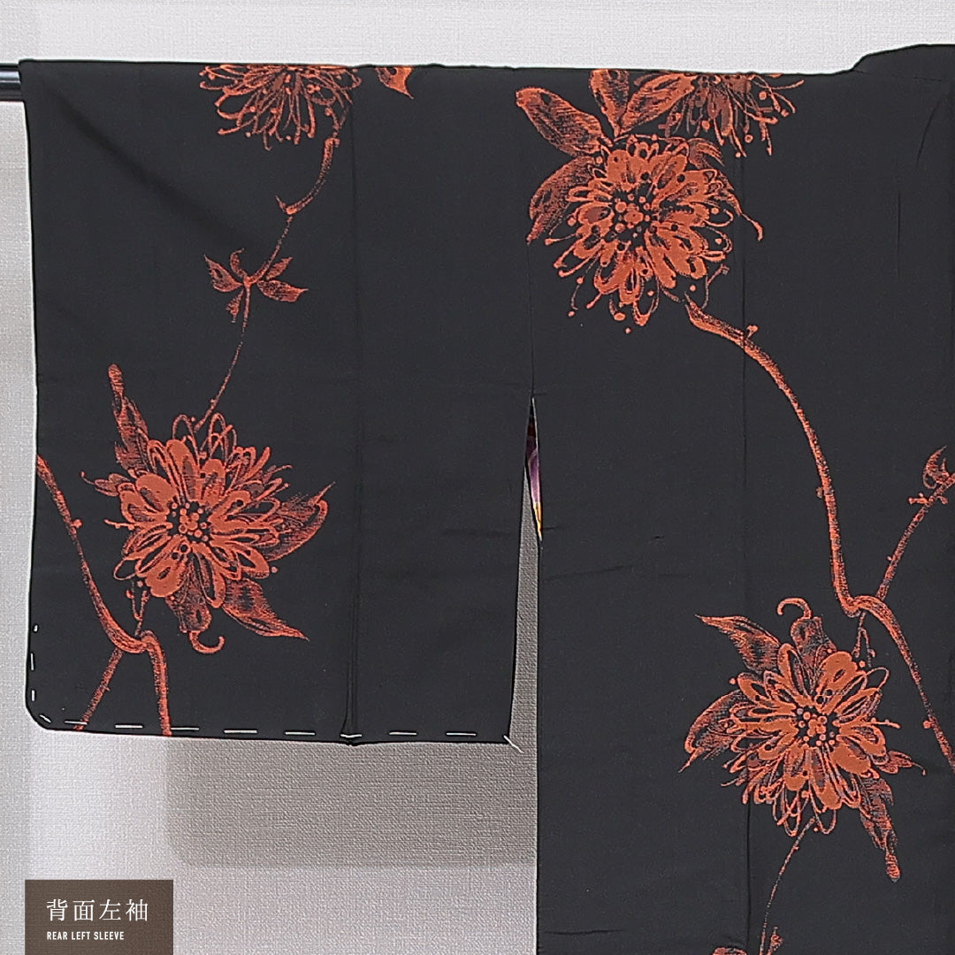 アンティーク 道行コート(お召) 袷 身丈88cm 裄丈62cm 正絹 Aランク Sサイズ ポケットあり 花柄 黒系 1263-16802