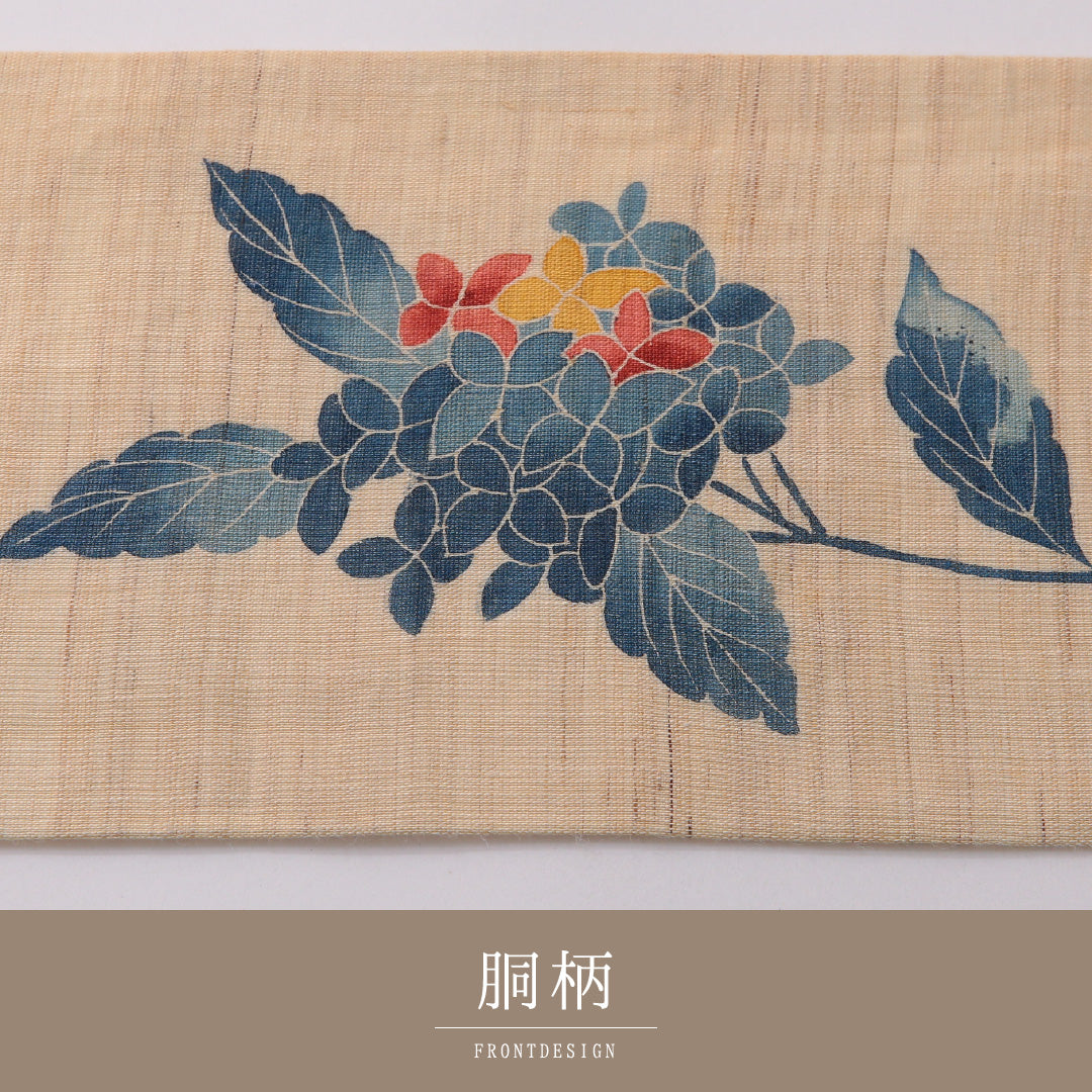 九寸名古屋帯(紬) 帯丈381cm カジュアル 名古屋仕立て ポイント柄 Cランク 正絹 紫陽花 クリーム系 1224-03255