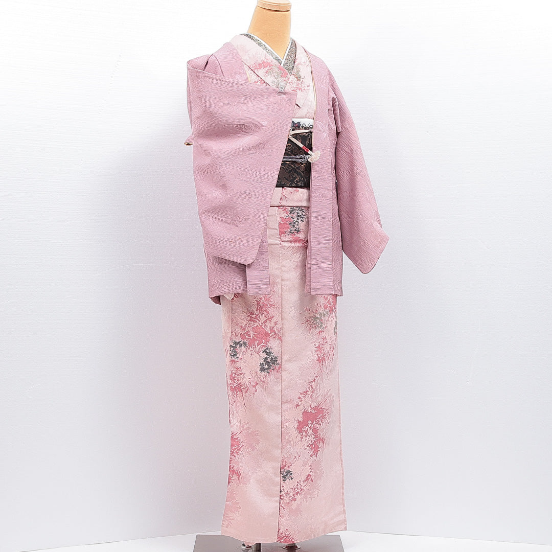 羽織 袷 身丈73cm 裄丈60cm 正絹 Cランク 紋意匠 (花柄) カジュアル Sサイズ 紐あり ピンク系 HP 1232-16455