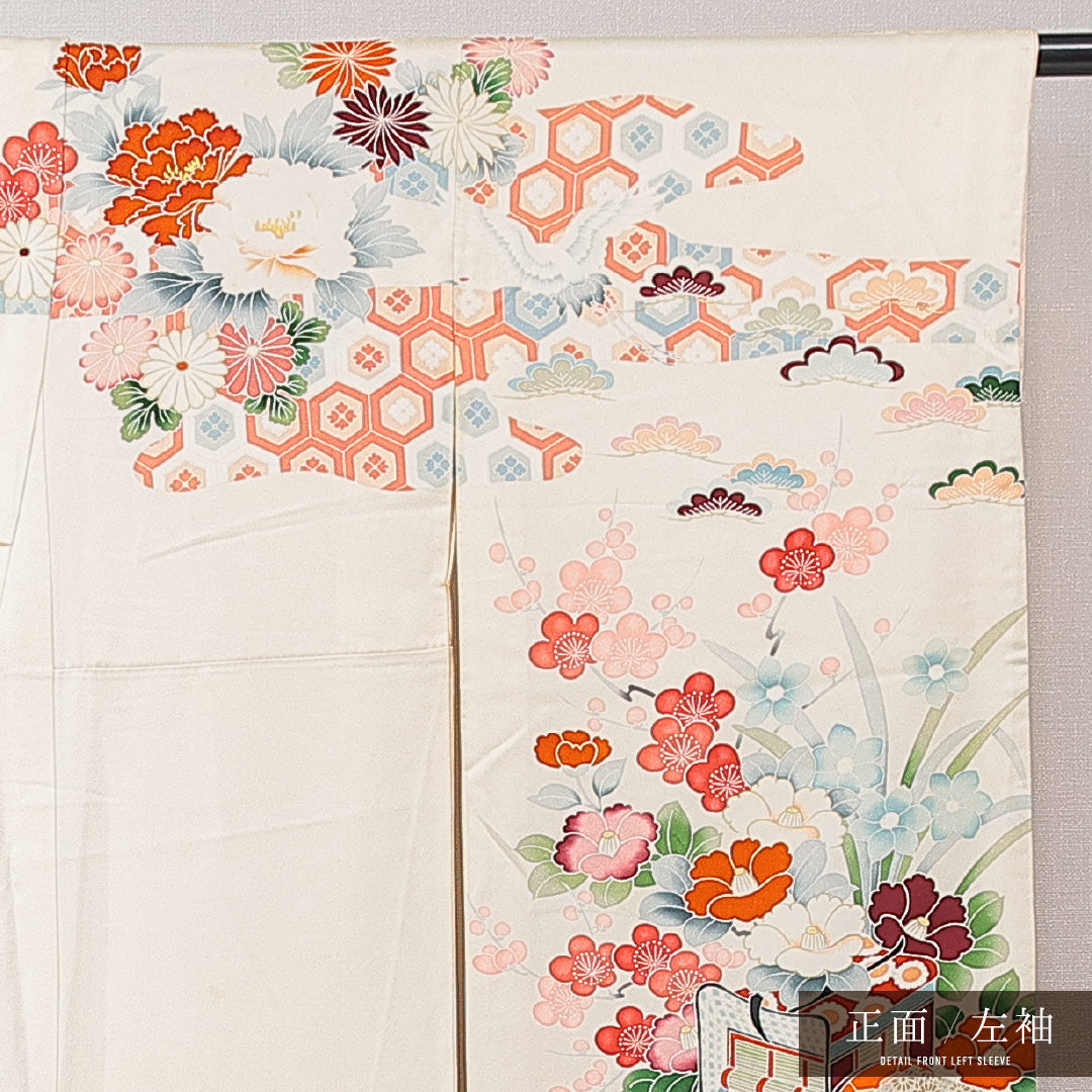 振袖 袷 身丈161cm 裄丈65cm フォーマル Cランク Lサイズ 正絹 広衿 御所車 牡丹 1213-F0686