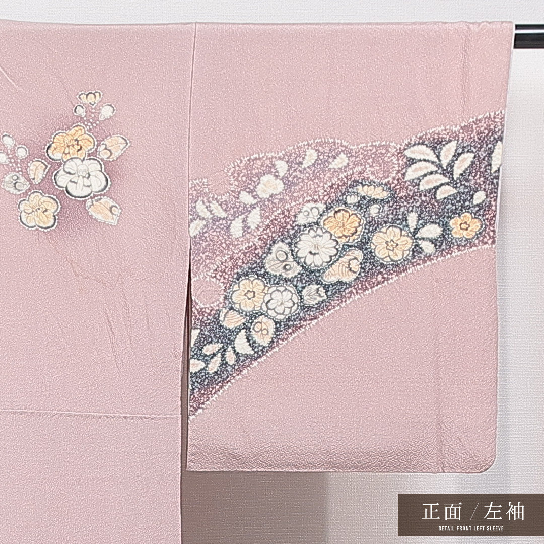 訪問着 袷 身丈164cm 裄丈64cm 正絹 Cランク セミフォーマル 広衿 Lサイズ 梅 可憐 落ち着き ピンク系 RP 1217-15523
