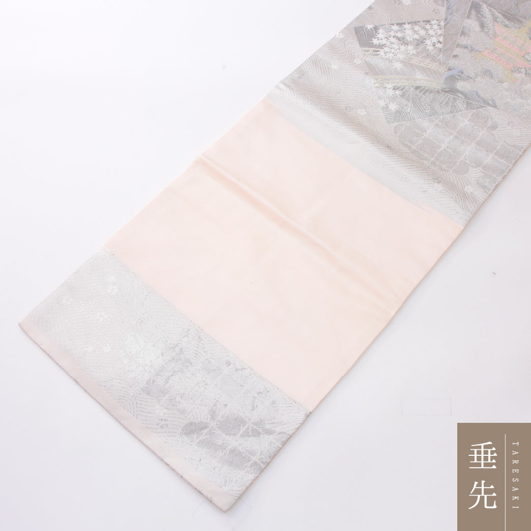 九寸名古屋帯 Sランク 帯丈371cm 正絹 ポイント柄 名古屋仕立て 織り セミフォーマル 京洛百景 銀系 RP 1245-04099
