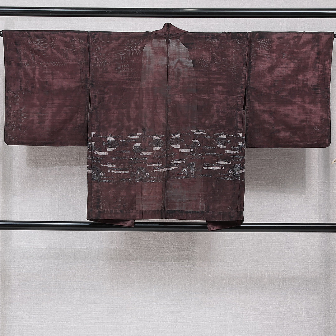 道中着 夏物 二重紗 身丈77cm 裄丈65cm 正絹 Sランク Mサイズ カジュアル 抽象柄 茶系 ピンク系 1264-15458