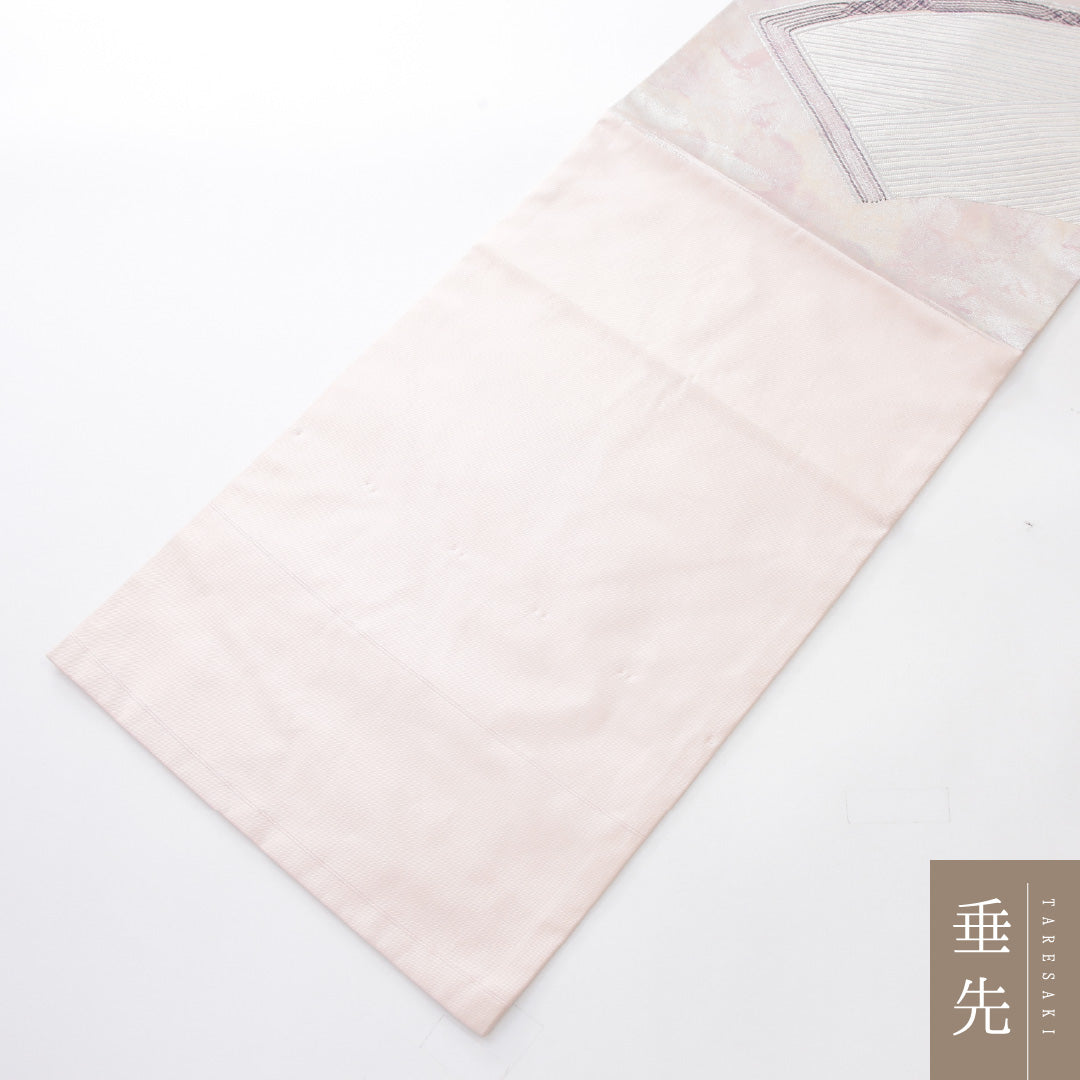 九寸名古屋帯 Sランク 帯丈361cm 正絹 ポイント柄 名古屋仕立て 織り セミフォーマル 扇面文 創作柄 淡いピンク系 RP 1245-03978