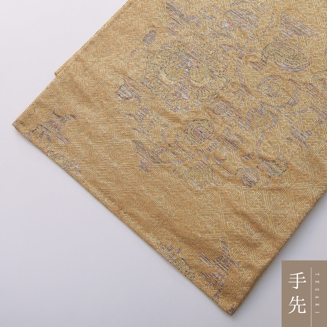 袋帯 帯丈436cm 正絹 六通 セミフォーマル 花鳥文 金系 1243-02012