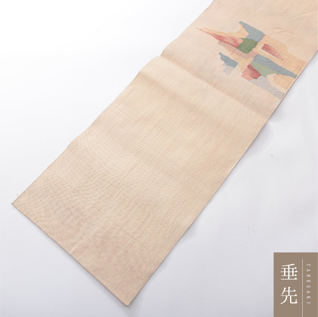 八寸名古屋帯(紬) 帯丈350cm カジュアル 松葉仕立て ポイント柄 Cランク 正絹 抽象柄 クリーム系 1224-03925