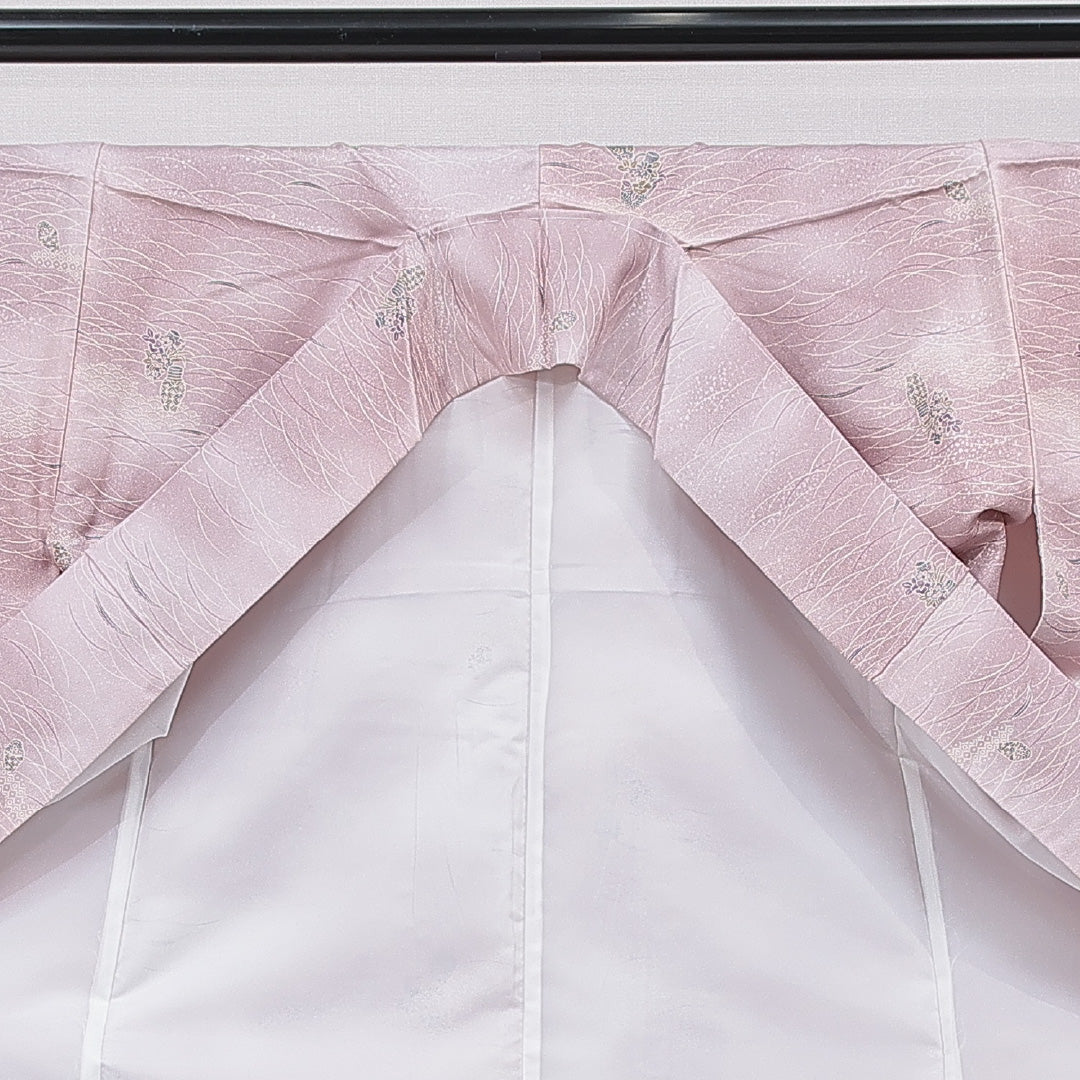 小紋 洗える着物 袷 身丈162cm 裄丈62cm ポリエステル Sランク Lサイズ 広衿 インフォーマル 花瓶 青海波 ピンク系 1215-15801