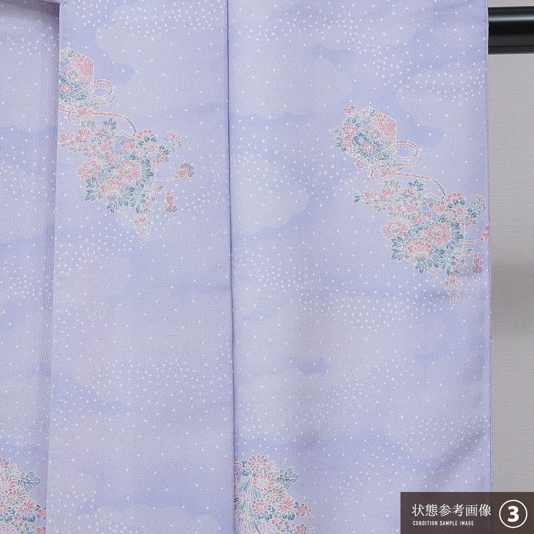 洗える着物 小紋 袷 身丈154cm 裄丈62cm ポリエステル Bランク インフォーマル バチ衿 Sサイズ 椿 吉祥文様 紫系 HP 1221-15848